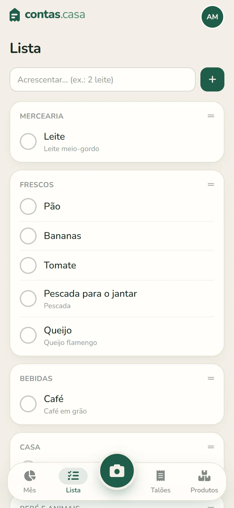 A lista de compras partilhada, arrumada por secções