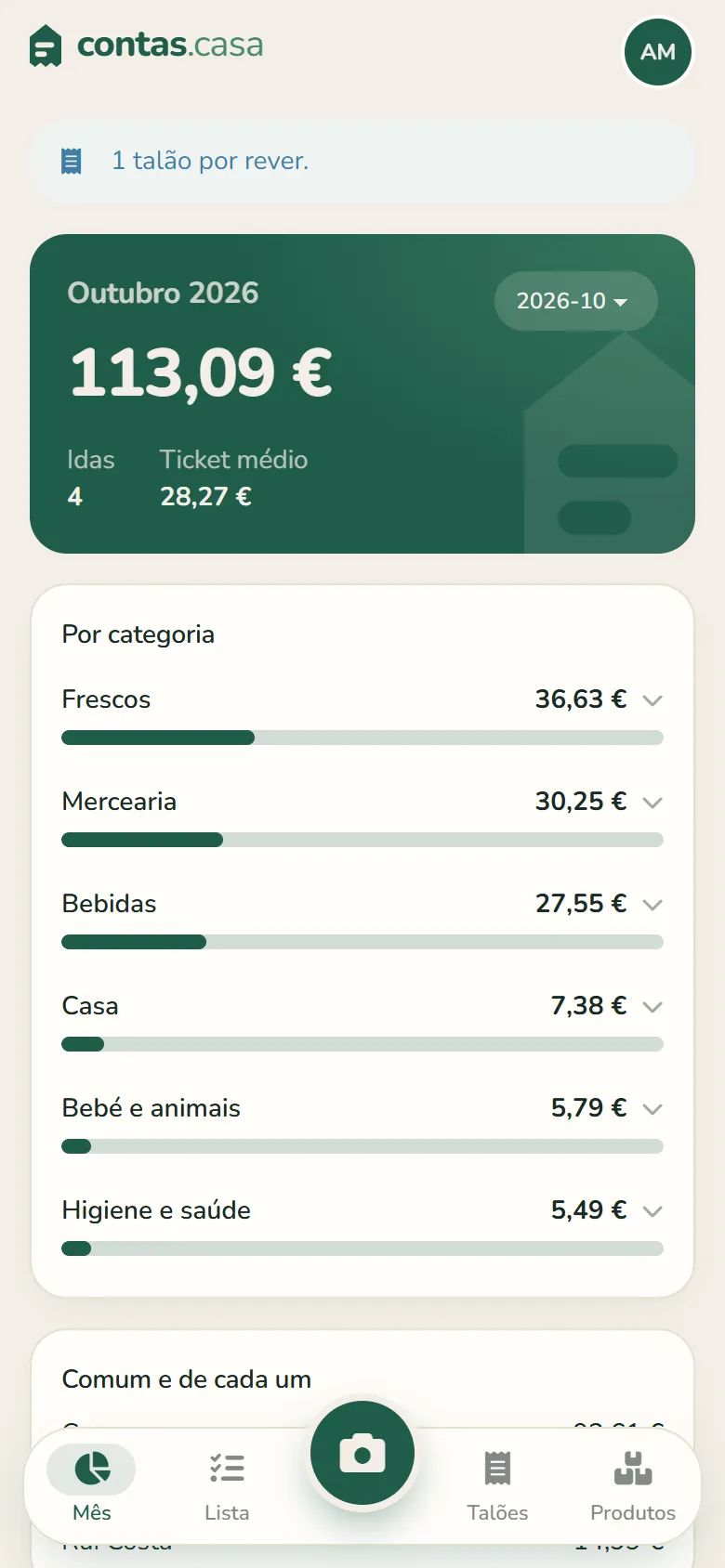 O mês na contas.casa: o total, as categorias e o que é comum e de cada um
