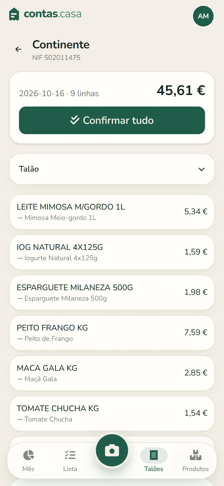 A revisão de um talão: cada linha já com produto e categoria